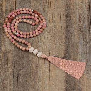 Mala Prayer Necklace Rhodonite, Lava stone & Jade